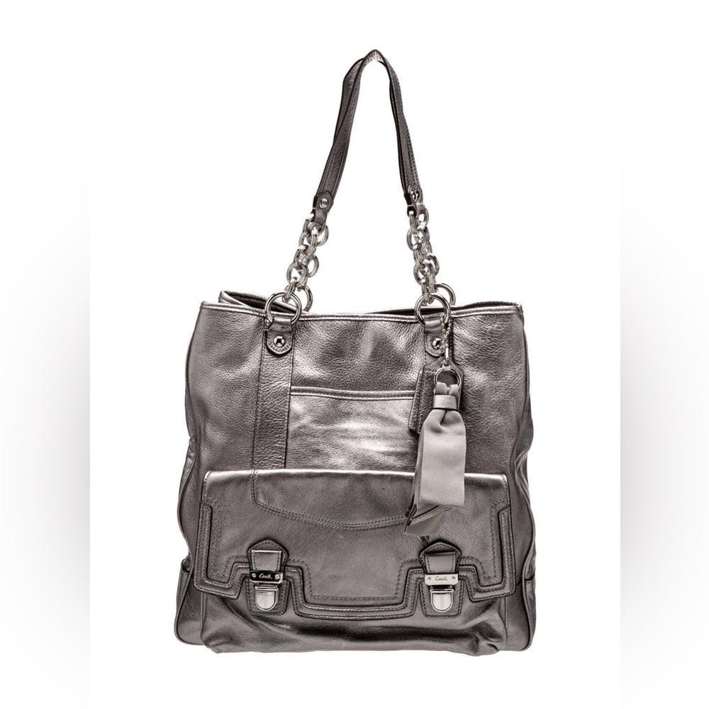 COACH Pushlock Metallic silver Leather North South Tote Shoulder Purse